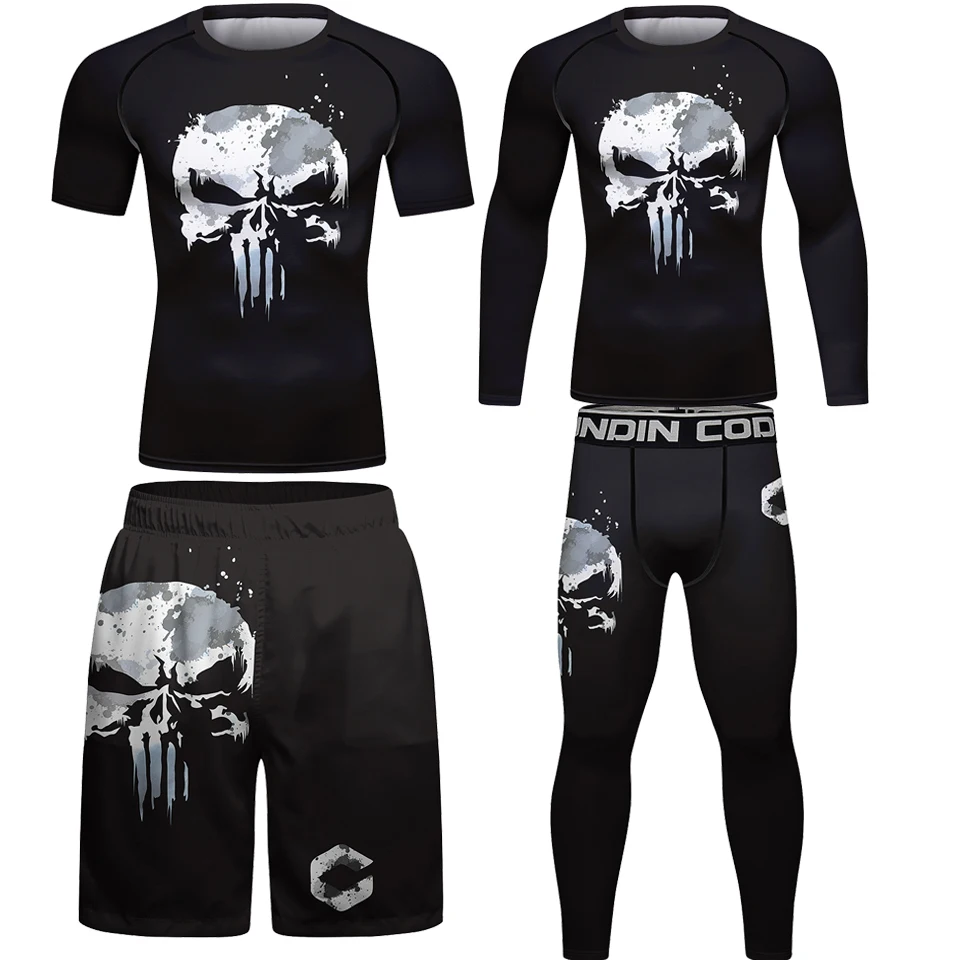 Футболка MMA Rashguard + шорты Muay Thai 4 шт./компл. Новые футболки Bjj с принтом в виде черепа
