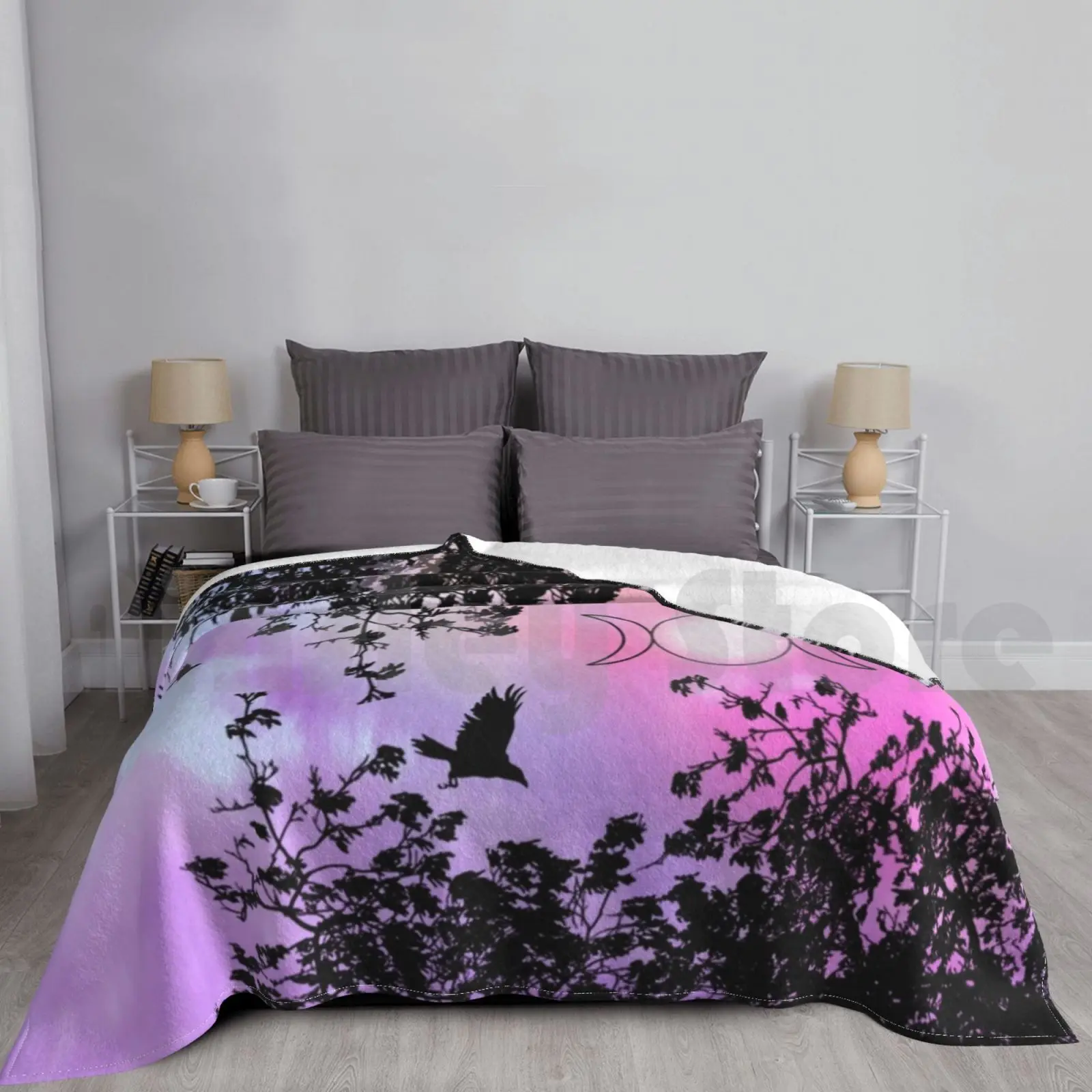 Raven Tree Coperta Super Soft Warm Light Thin Acquerello Raven Triple Goddess Moon Wicca Pagan Crow