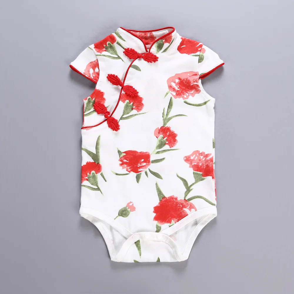 Baby Bodysuits are cool Baby Girls Cheongsam Short Sleeve Romper Outfit Chinese Flower Printed Qipao Jumpsuit One Piece Sleeveless Summer Festival Dress Newborn Knitting Romper Hooded 