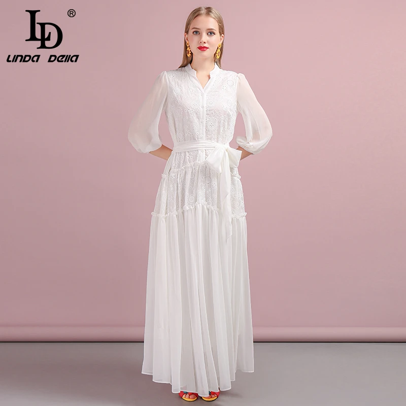 

LD LINDA DELLA Autumn Women Dress Runway Fashion Designer Three Quarter Sleeve Simple Sashes Modern New A-Line Modern Slim Dress
