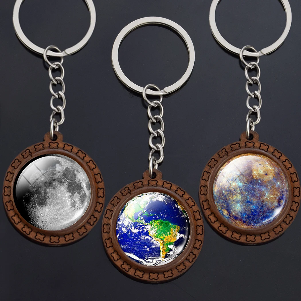 

Solar System Key Chains Moon Earth Jupiter Mercury Sun Glass Cabochon Keychain Outer Space Wooden Jewelry Astronomy Keyring