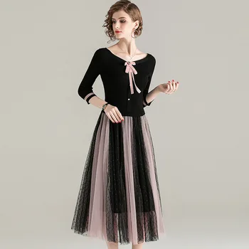 

Dress 2020 Early Spring Women's New V-neck Stretch Knitted Splicing Mesh Three Quarter Sleeve Slim Dresses S-XL