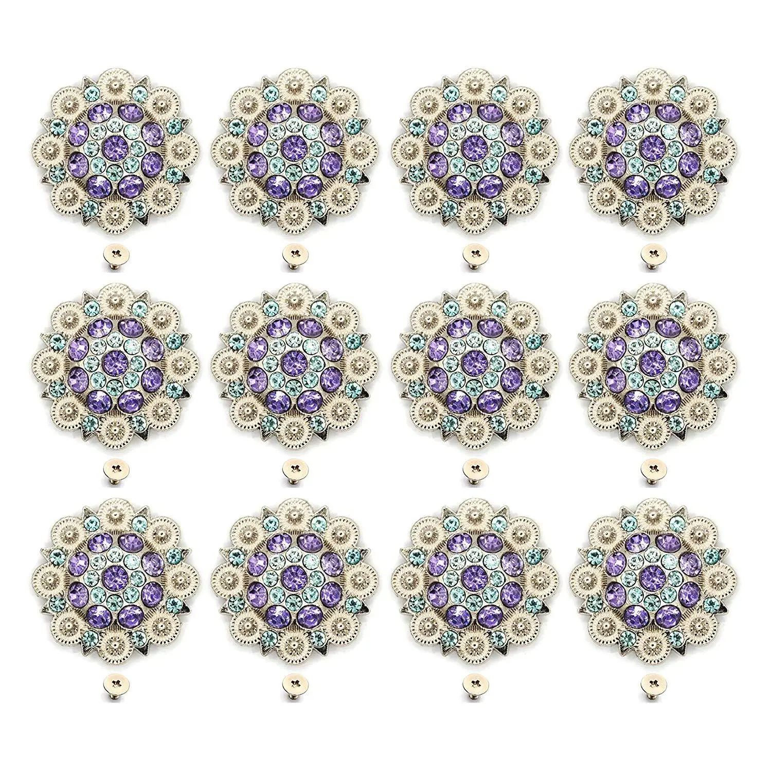 

12pcs/lots ligh purple Diameter 3.7CM Metal flower Conchos white rhinestone decoration Belt accessories accessories