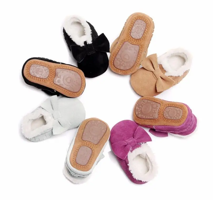New Winter Children chamois Shoes Genuine Leather Party Baby Shoes Infant Toddler Moccasins Bow Fringe Hard Rubber