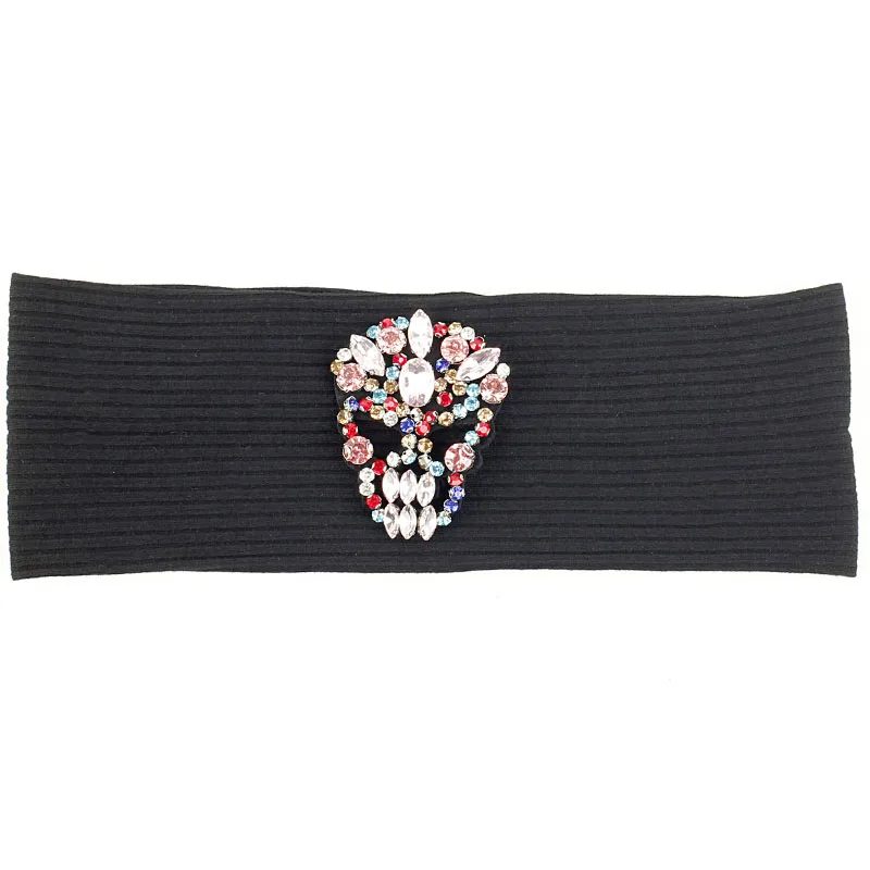 Multicolor black Женская повязка на голову, плоское эластичное оголовье для девочек, Женские однотонные аксессуары для волос, цветная ребристая лента для волос, 8,5 см, украшение в виде Призрачного черепа - Цвет: Multicolor black