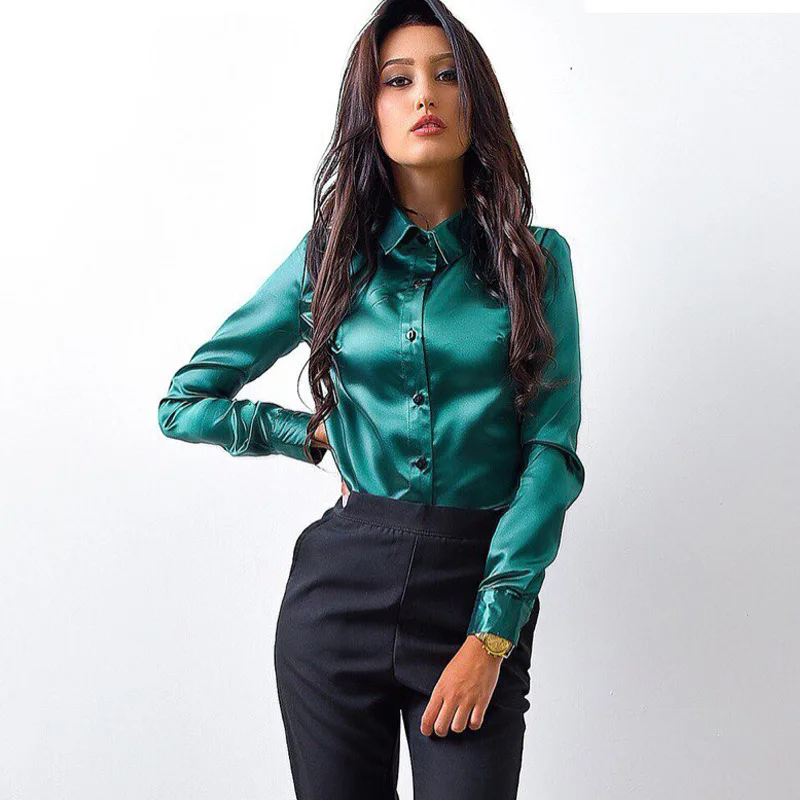 Blusa de satén de manga larga para oficina, camisa elegante vino de color rojo y verde con cuello vuelto para mujer