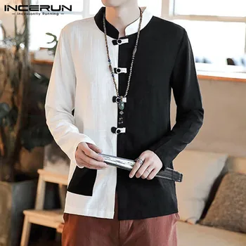 

INCERUN Traditional Men Stitching Retro Long Sleeve Collar Shirt Casual Chinese Kung Fu Chic Buckle Cotton Mens Blouse Masculina