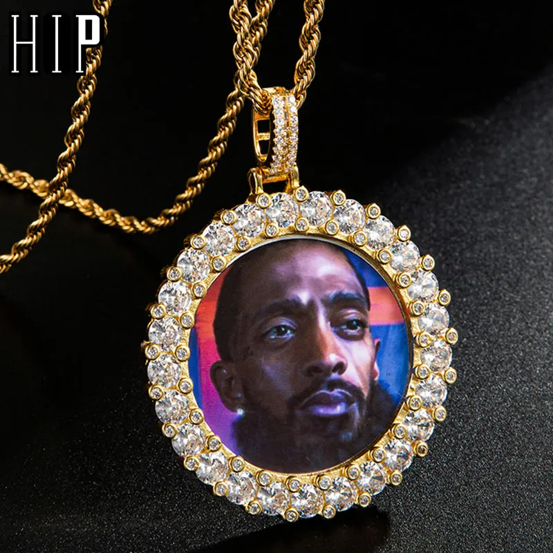 

Hip Hop Cubic Zircon Custom Photo Big Stone Roundness Hollow Back Necklaces & Pendants For Men Jewelry With Tennis Chain