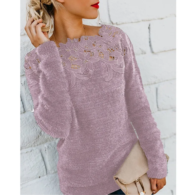 Зимний пуловер, свитер для женщин, шерстяные топы, кружевные цветочные топы размера плюс, повседневные женские однотонные свитера с длинным рукавом - Цвет: Deep pink