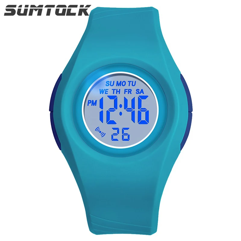 

Sumtock Kid Watch Colorful 7 LED Lights 50M Waterproof Luminous Alarm Chronograph Comfort Strap Wristwatch for Girls Boys