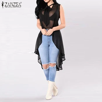 

Sexy See-through Top Summer Sleeveless Transparent Shirt ZANZEA Women V neck Chiffon Blouse Irregular Hem Blusas Black Tanks Top