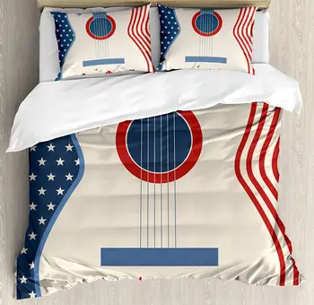 

Music Duvet Cover Set Country Music Festival Event Illustration Guitar with American Flag Design Print Decorative 3 Piece Bed