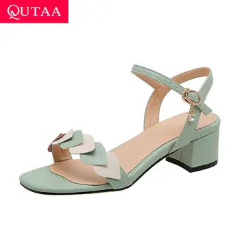 

QUTAA 2020 Square Middle Heel Elegant Sandals Summer Hollow Buckle Women Shoes Open-toed PU Leather Ladies Pumps Big Size 34-43