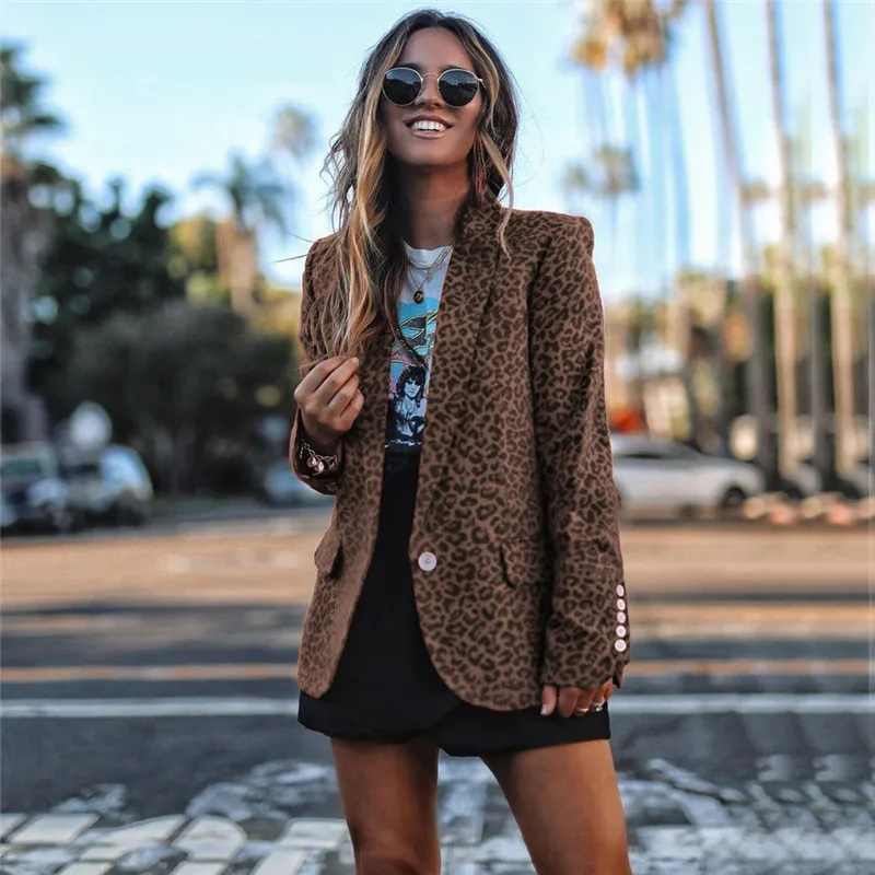 YELITE винтажный блейзер с леопардовым принтом осенний женский пиджак с отложным воротником и длинными рукавами Женский офисный Блейзер на одной пуговице