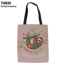 THIKIN Холщовая Сумка для женщин милые животные Ленивец печать портативные сумки многоразового использования для покупок Эко сумка женская сумка через плечо шоппер тканевая сумка