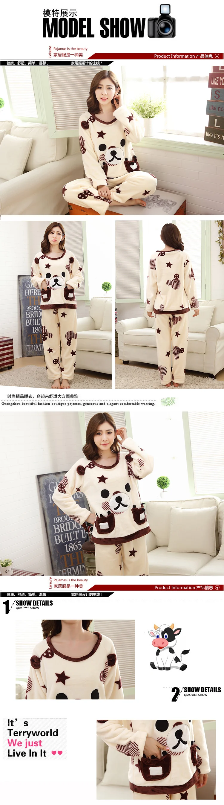 Sleepwear women winter Pajama Sets for Female Soft Thick Cute Cartoon Flannel Sleepwear Tops+Warm Pants Home Clothes Mujer 2pcs