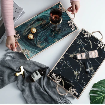 

Nordic Luxury Marble Texture Storage Glass Tray with Handle Fruit Food Tea Cup Family Storage Box Jewelry Necklace Display Tray