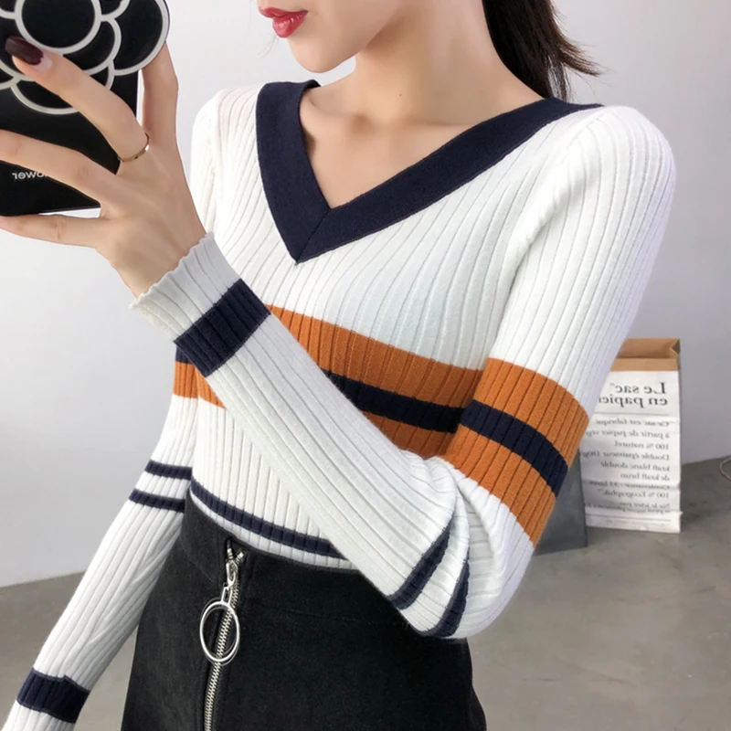 Осенне-зимний облегающий женский свитер с V-образным вырезом облегающая