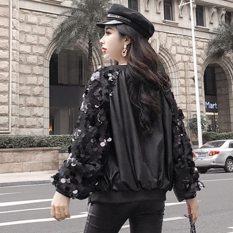 Зимняя новая женская одежда модная верхняя одежда кружевная блестящая Лоскутная с длинными рукавами Осенняя свободная черная кожаная куртка пальто