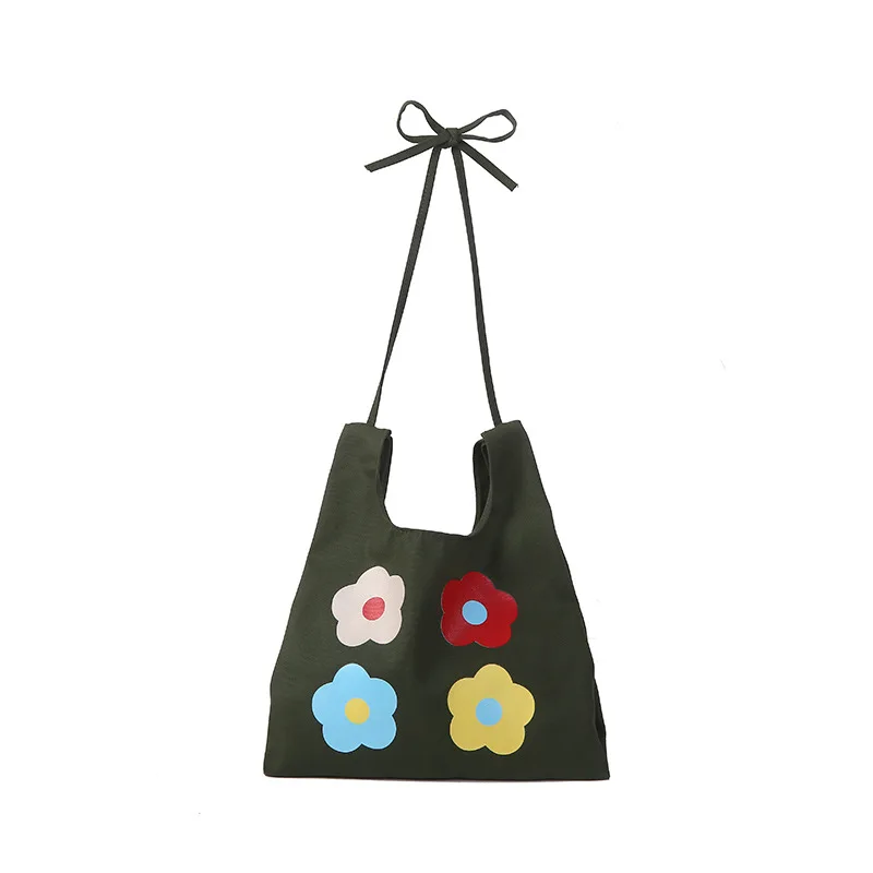 

Ougger Big Women's Shoulder BagsHandbags Summer Green Canvas Simple Fresh Style Half Moon Bag with Flowers for Shopping