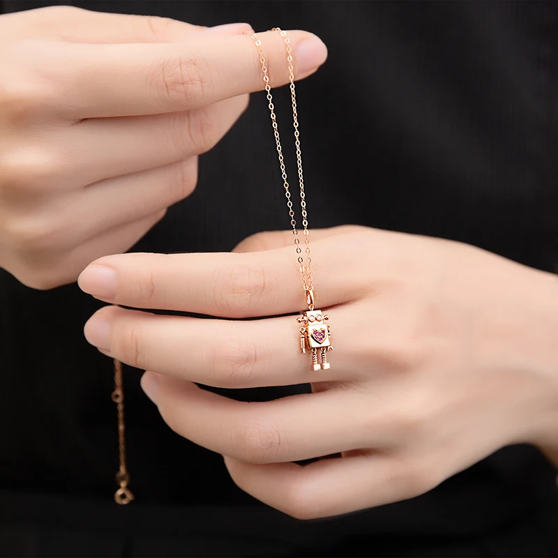 Aazuo 18K Rose Gold Natural Ruby Real Diamonds Fashion Lovely Move Robot Pendent with Chain Necklace gifted for Women Au750