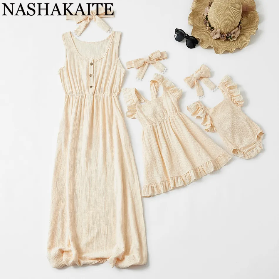 NASHAKAITE/платья для мамы и дочки однотонное плиссированное платье на бретелях с рукавами-крылышками для мамы и дочки, одежда «Мама и я»