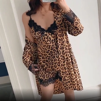 

2PC Pajama Sets for Women Leopard Print Lace Sexy Homewear Sleepwear Robe Dress Suspender Skirt Spaghetti Strap Silk Nightwear