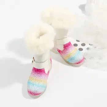 

Winter Warm Children Fur Snow Boots Cute Flat Rainbow Kids Mid Boots Fur Plush Girls Martin Boot Non Zip Baby Toddlers Shoe