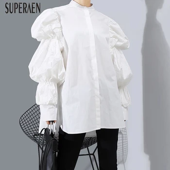 

SuperAen New Fashion Wild Stand Collar Women Shirts Solid Color Cotton Casual Ladies Blouses and Tops Long Sleeve 2020 Spring