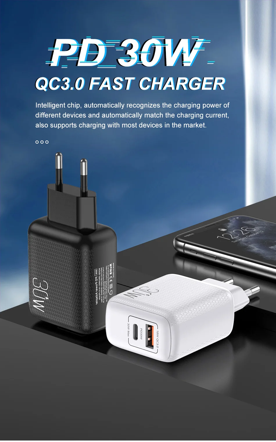 ANSEIP USB Charger For iPhone 11 12 13 Pro Macbook PD 30W Usb Type c Charger Plug QC 3.0 Wall Charger adapter For Xiaomi Huawei charger 65 watt