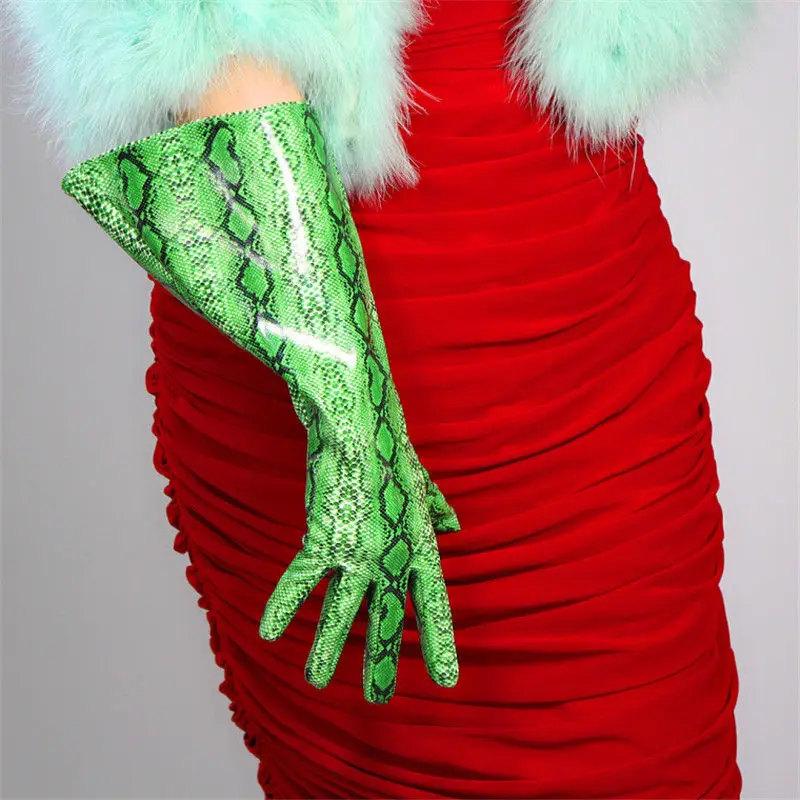 green snake Новинка, длинные перчатки из лакированной кожи, 38 см, широкие манжеты, большие размеры, имитация кожи, яркие серебряные мужские женские кожаные перчатки PU177 - Color: green snake