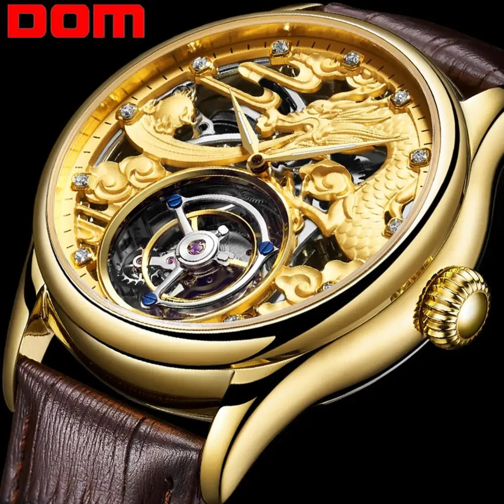 DOM Tourbillon часы для мужчин лучший бренд класса люкс для мужчин водонепроницаемый кожаный Скелет сапфир механические Tourbillon relogio masculino