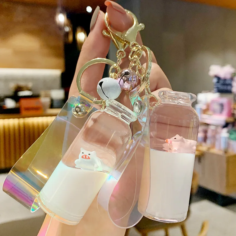 Cute Floating Milk Pig Keyring Acrylic Bottle Keychain Moving Liquid Quicksand Drift Women Bag Pendant Jewelry Gifts | Украшения и