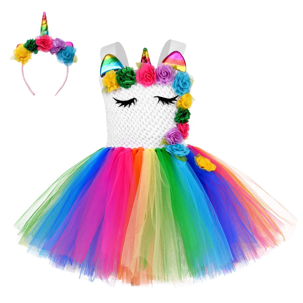 

Halloween Cosplay Unicorn Costume Rainbow Flowers Unicorn Dress for Girls Birthday Party Gift Baby Girl Princess Tutu Dress Kids