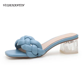 

Crystal Thick Heel Sandals Women Spring and Summer New Fashion Woven Outside Sandals Square Toe High-heeled Fairy Style Slippers