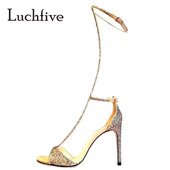 

Bohemian Ankle Strap Knee High Gladiator Sandals Princess Crystal Shoes Vacation Beach Sandals Women High Heel Party Shoes