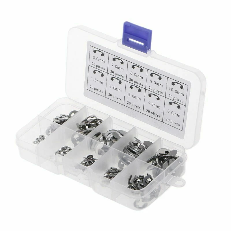 200 шт. нержавеющая сталь E Клип Комплект шайб в ассортименте стопорное кольцо для вала крепежа M1.5-M10