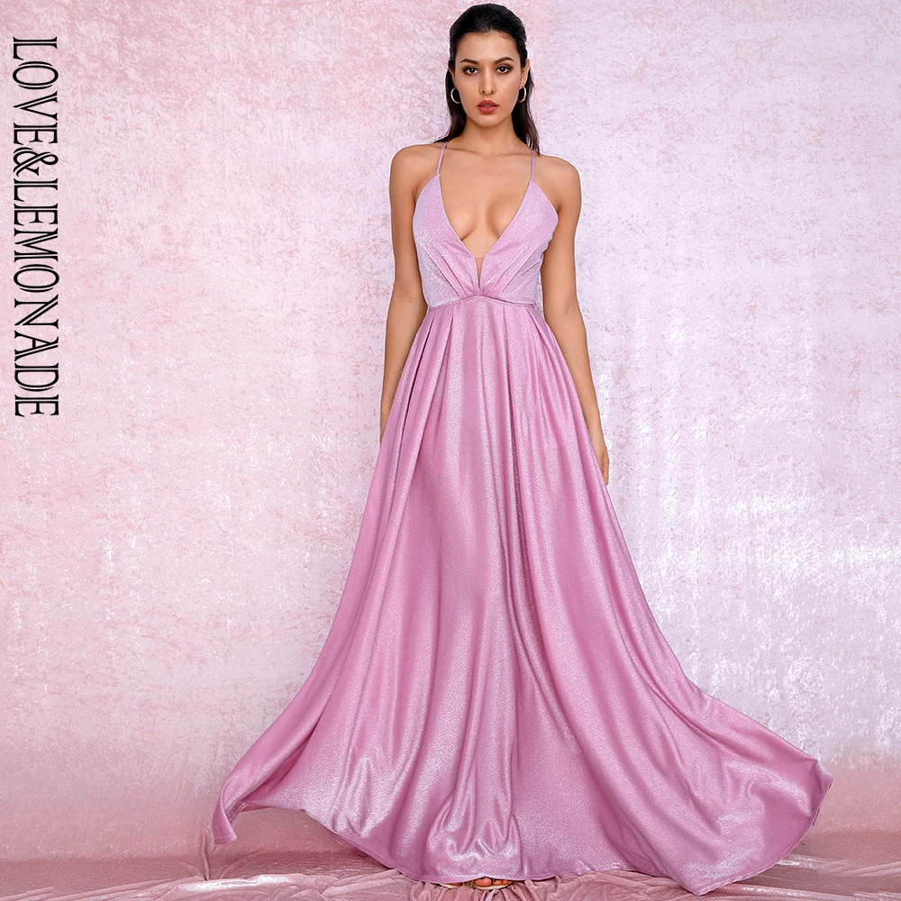

LOVE&LEMONADE Pink Sexy Backless High Waist Cross Straps Deep V-Neck Puffs Maxi Dress LM81936 Autumn/Winter