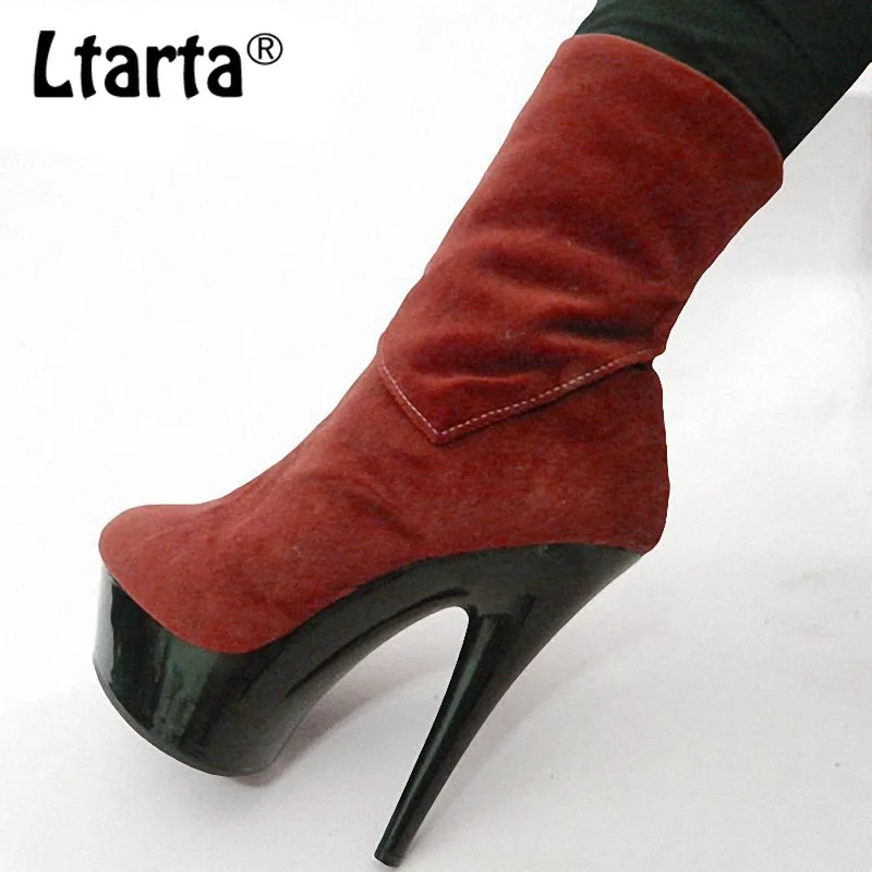 LTARTA/женские ботинки на платформе пикантные замшевые высокие сапоги на очень высоком каблуке 15 см с черной подошвой бархатные сапоги с фланцем LYP-S-003