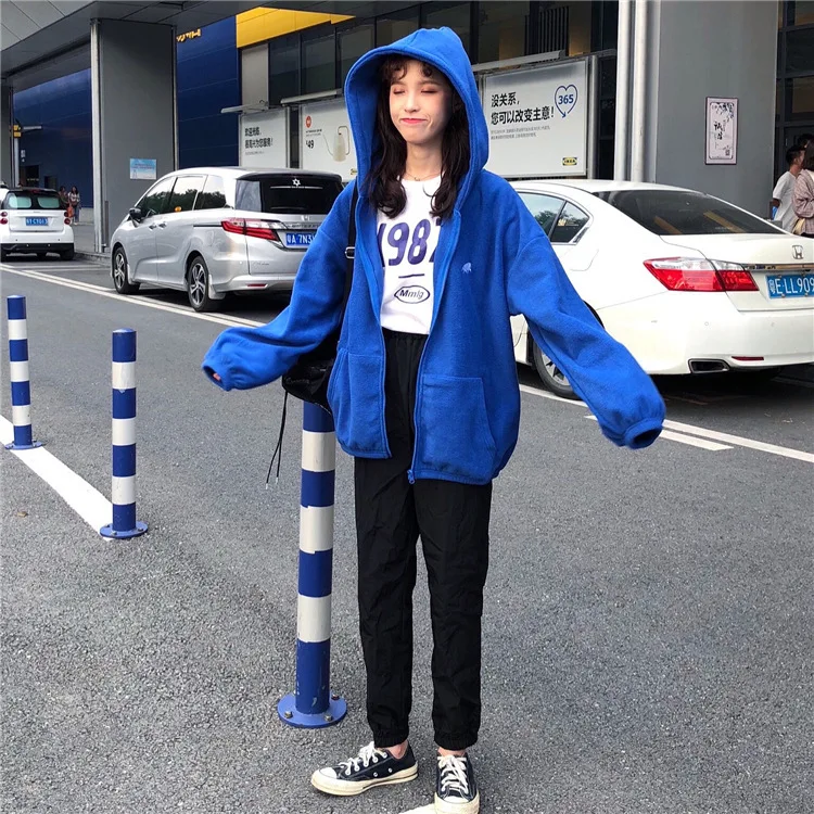 Новое поступление, Harajuku, вышитый медведь, одноцветная Флисовая теплая куртка на молнии, толстовки, корейский стиль, женская Толстовка С Карманами