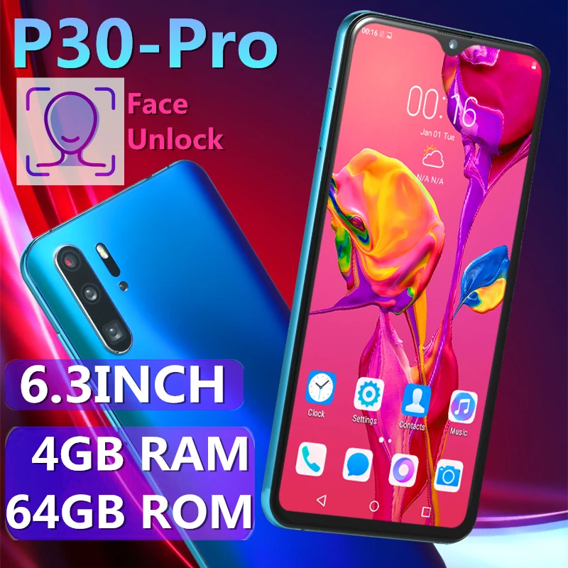 

Original P30 Pro Mobile Phone 4GB RAM 64GB ROM 6.3INCH 13MP 4800mAh Quad Core Face Recognition Unlocked Smartphones Android OS