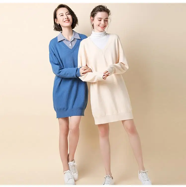 Spring Autumn Winter New Women Lady Cashmere Wool Long Sweater Pullovers Solid V-Neck Casual Big Size Warm Wild Loose Fashion