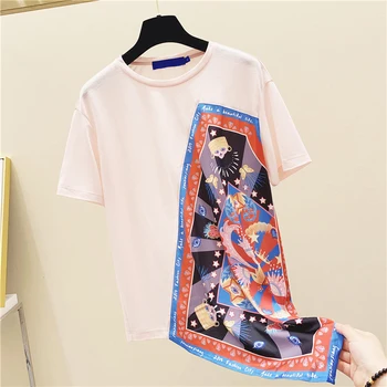 

2020 Spring and Summer Casual Women T-Shirts Irregular Scarves Stitching Short-Sleeved Cotton T-shirt Loose T-Shirts