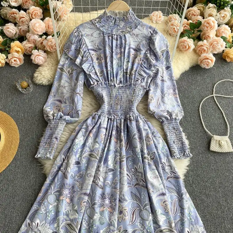 2021 Spring Fashion Women Elegant Slim Printed Stand Color Long Sleeve Party Dress Vestidos De Mujer H137