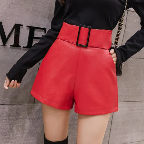 Korean PU Faux Leather Shorts Women Autumn High Waist Wide Leg Short Ladies Plus Size Sexy Black Belted Short Femme 7774 50 - Цвет: Красный