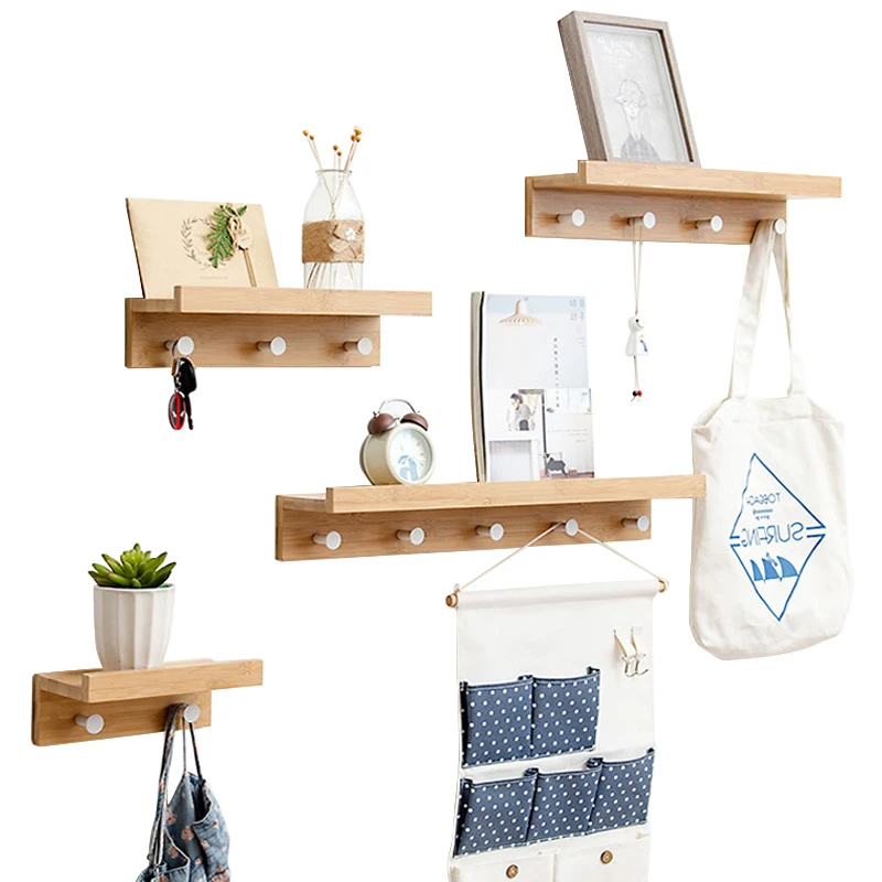 Bamboo Clothes Storage Holder Wall Hanging Coat Hook Natural Creative Partition Shelf Decor Rack | Дом и сад