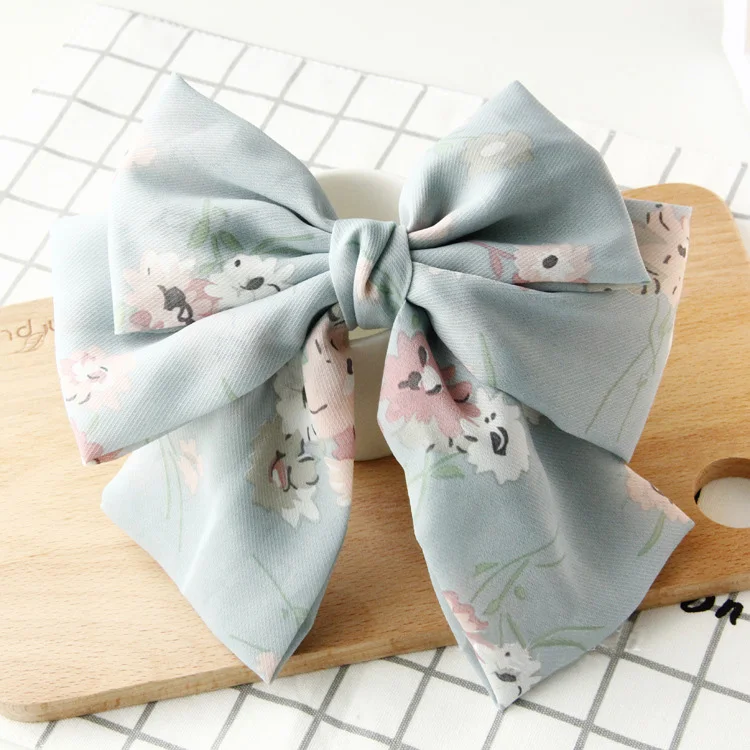 New Women Large Bow Barrette Korean Japan Three Layers Chiffon Hair Bow Spring Hair Clip Sweet Floral Hairpin for Girls - Цвет: blue floral