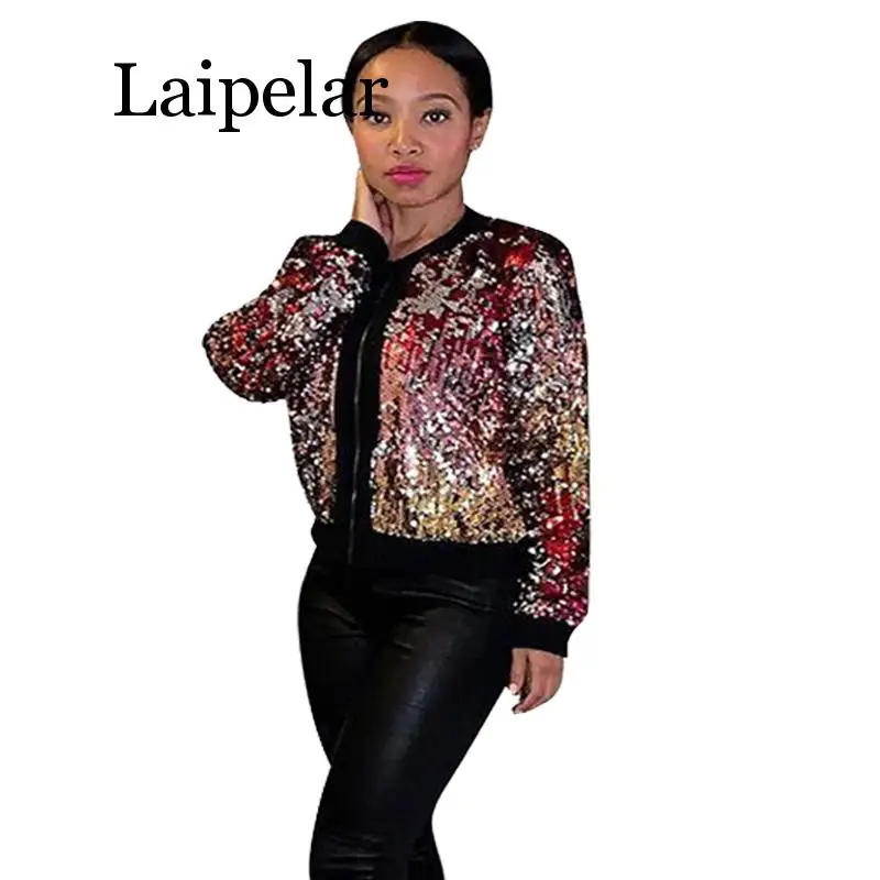 Veste à Paillettes Femme - Style Pilote, Courte, Col Montant, Fermeture Éclair - Pour Soirée, Streetwear - 10