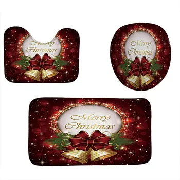 

Christmas Printing Bathroom Shower Curtain Toilet Waterproof Cover Mat Set TB Sale