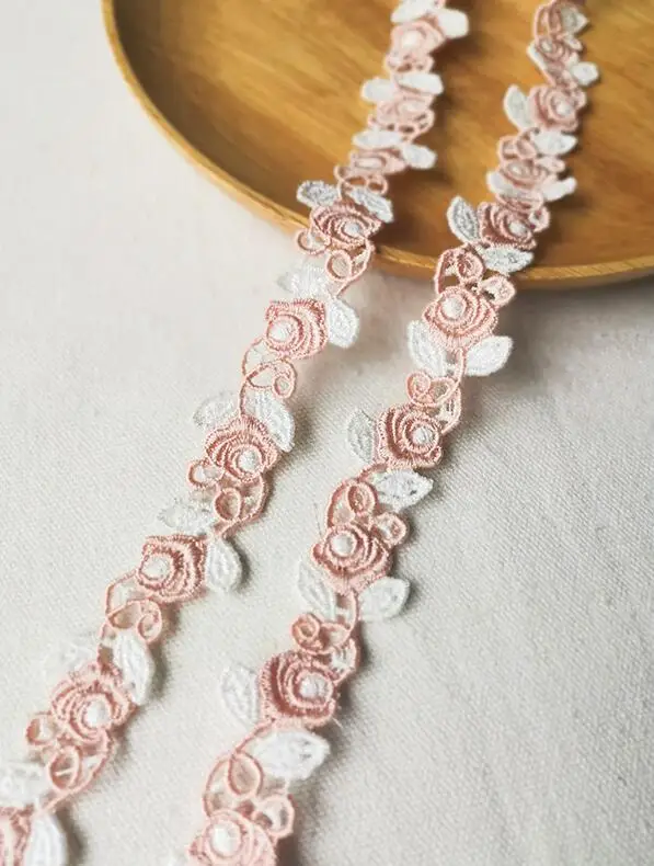 pink white 2.2cm 3 метра розовый красный зеленый полиэстер листья вышитая кружевная отделка Лента ручная работа по шитью ремесло для костюма украшение на шляпку - Цвет: pink white 2.2cm